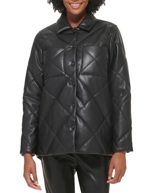 Calvin Klein Black Faux Leather Warm Quilted Coat