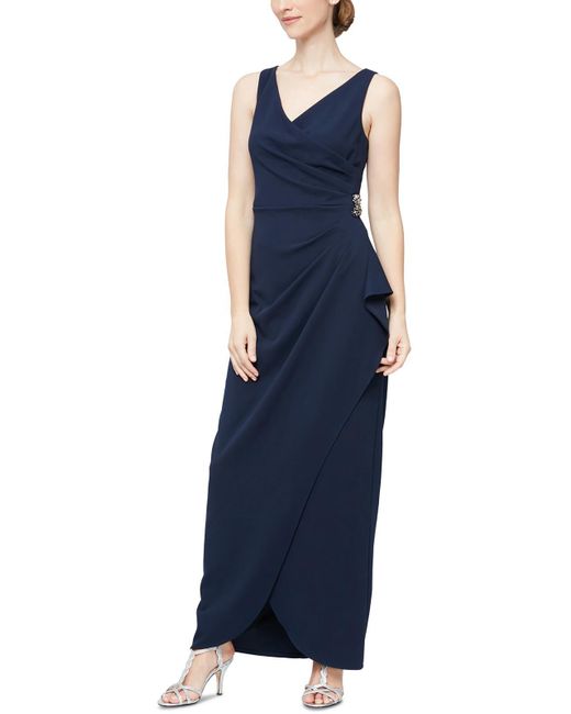 SLNY Blue Knit Tulip Hem Evening Dress