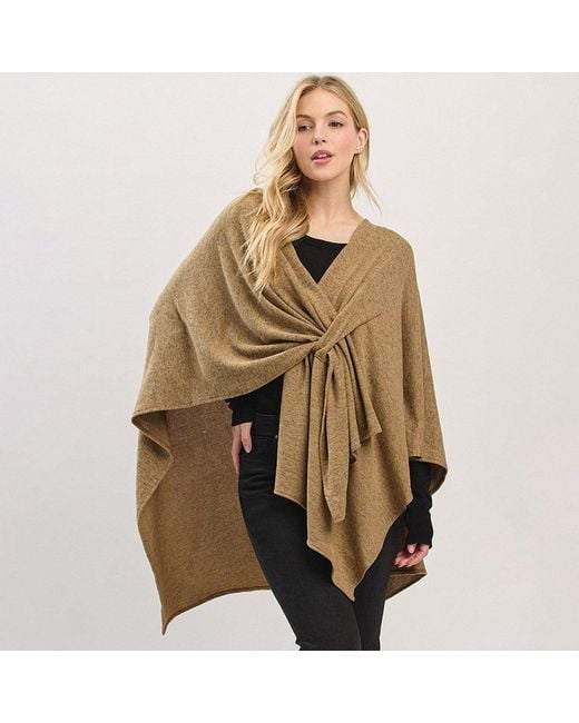TRUEDAMES Brown Asymmetrical Hem Solid Pull Through Draped Tie-Front Wrap Poncho