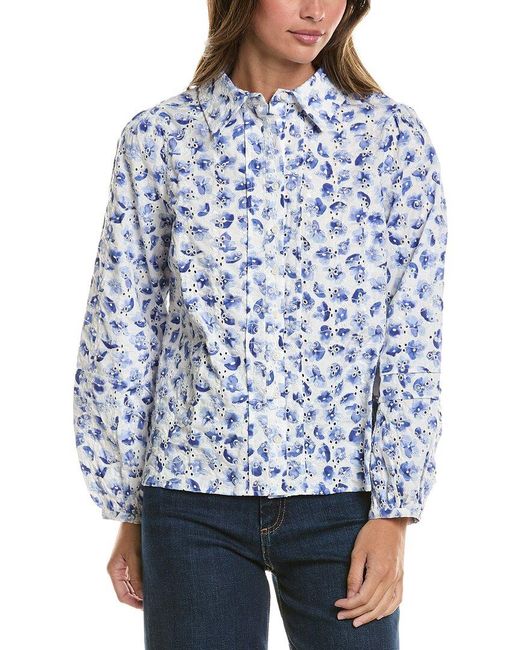 Cece Blue Collared Pintuck Ruffle Button Down Top