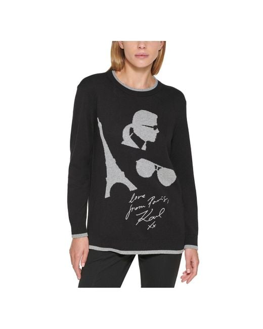 Karl Lagerfeld Black Metallic Crewneck Pullover Sweater