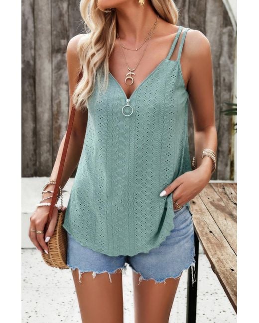 TRUEDAMES Green V Neck Eyelet Trim Spaghetti Strap Sleeveless Top