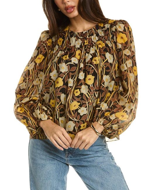 Rebecca Taylor Daphne Fleur Silk-blend Blouse in Metallic | Lyst