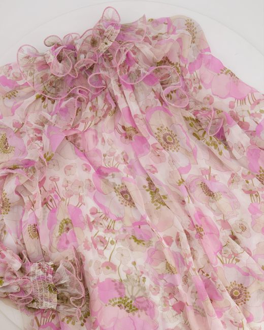 Zimmermann Pink Floral Silk Ruffle Long-sleeve Blouse