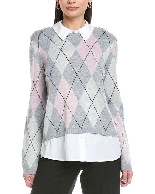 Cece Gray Argyle Twofer Wool-Blend Sweater