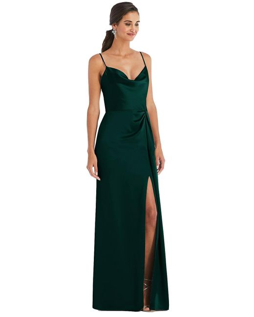 Dessy Collection Green Cowl-neck Draped Wrap Maxi Dress With Front Slit