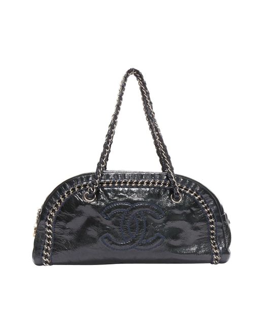 Chanel Black Ligne Bowler Patent Leather Cc Woven Chain Satchel Bag