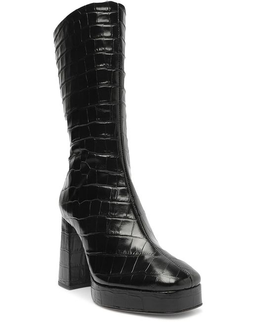 SCHUTZ SHOES Black Bota Salto Alto Leather Croc Prints Platform Heels