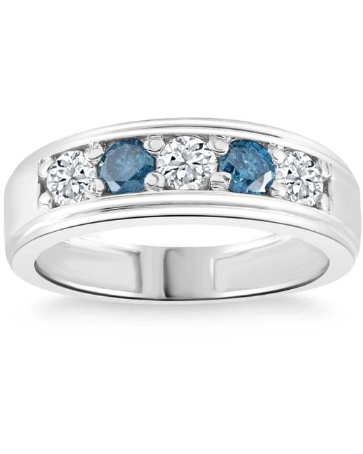 Pompeii3 1 Ct T. W. Blue & White Diamond Wedding Ring 5-stone Anniversary White Gold