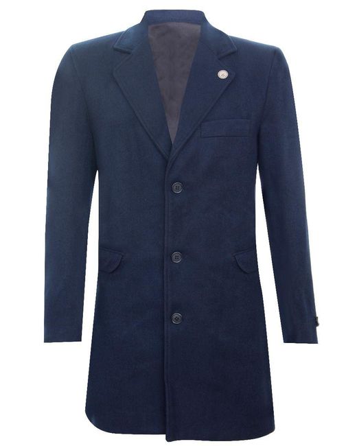 Oliver Tweed Blue Long Wool Slim Fit Overcoat for men