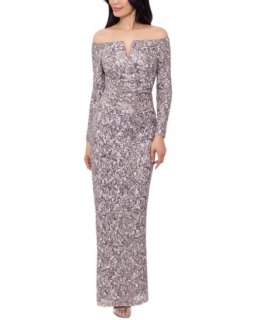 Xscape Gray Embellished Maxi Cocktail And Party Dress