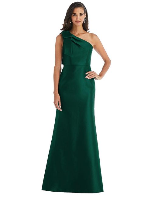 Alfred Sung Green Bow One-shoulder Satin Trumpet Gown