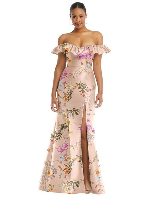 Alfred Sung Pink Off-the-shoulder Ruffle Neck Floral Satin Trumpet Gown