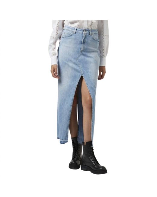 Dondup Blue Mid-rise Long Denim Skirt With Front And Back Slits