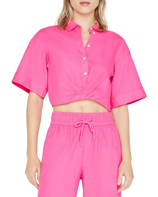 FRAME Pink Cropped Elastic Band Button-down Top