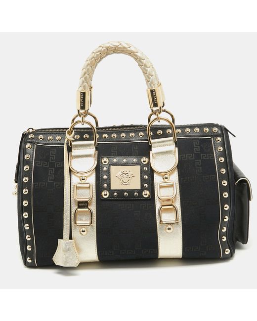 Versace Black Signature Fabric And Leather Studded Snap Out Of It Satchel