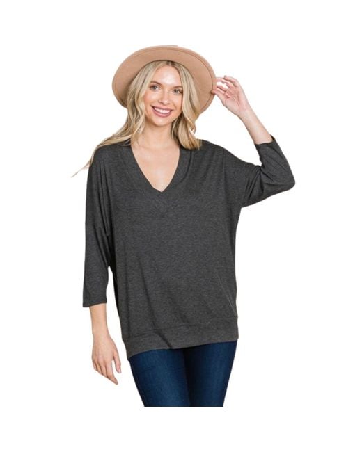 TRUEDAMES Gray Solid Rib Modal Casual 3/4 Sleeves Dolman Sleeves Top