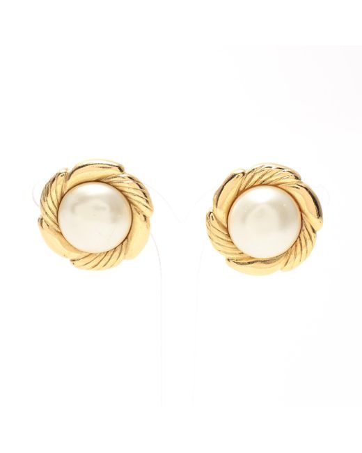 Chanel Metallic Flower Earrings Gp Fake Pearl Gold Offvintage