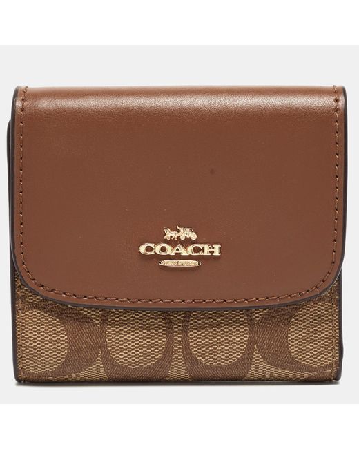 COACH Beige/brown Signature Coated Canvas And Leather Trifold Wallet
