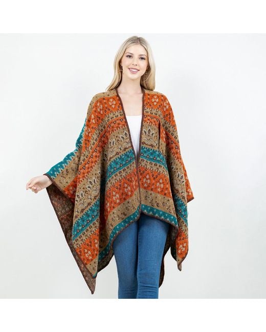 TRUEDAMES Orange Open Front Bohemian Pattern Shawl Wrap With Loop