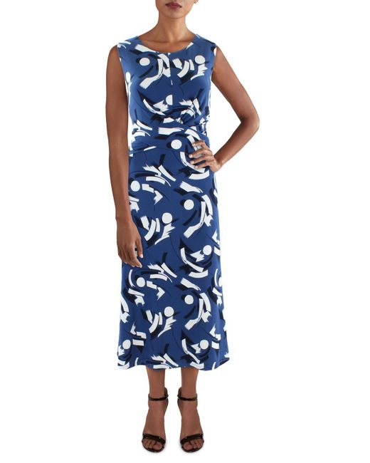 Lauren by Ralph Lauren Blue Printed Gathered Midi Dress