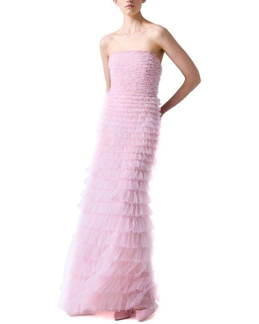 Carolina Herrera Pink Embellished Strapless Tiered Ruffle Gown