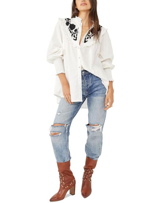 Free People Blue Embroidered Cotton Button-down Top