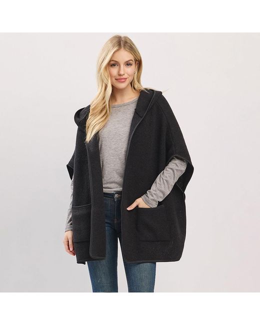 TRUEDAMES Black Solid Hooded Poncho Wrap With Pockets