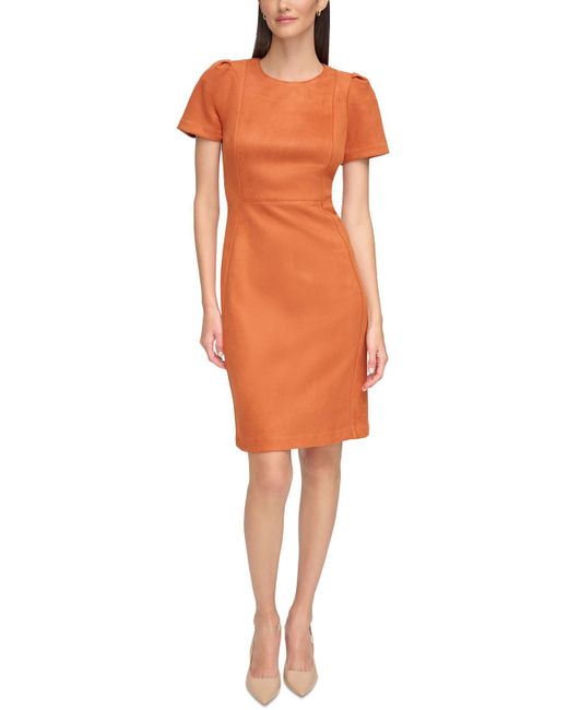 Calvin Klein Orange Solid Faux Suede Wear To Work Dress