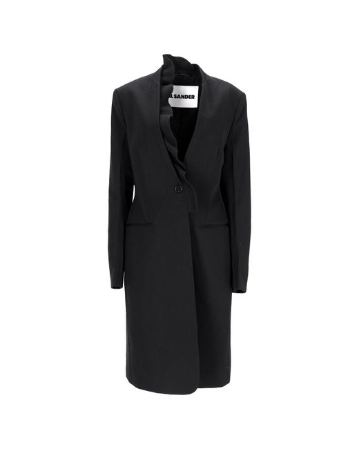 Jil Sander Black Single-Breasted Neck Ruffle Detail Coat