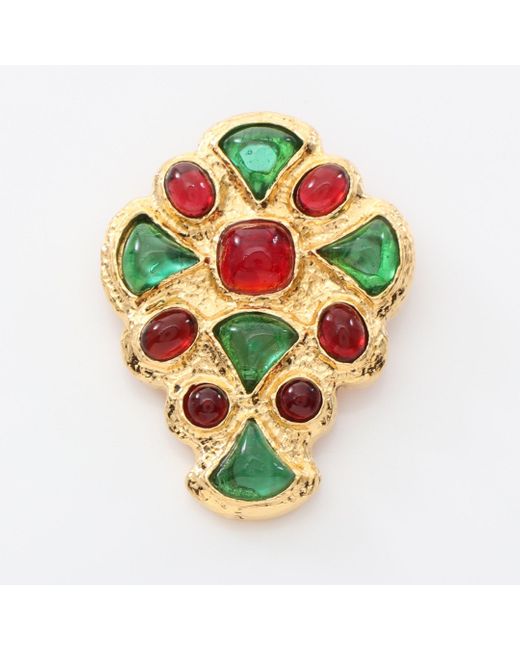 Chanel Green Gripoix Brooch Gp Glass Gold Color Vintage