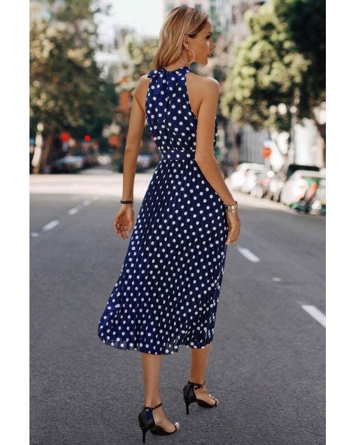 TRUEDAMES Blue Dot Print Open Shoulder Fit Knot Belt Dress