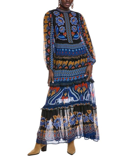 Farm Rio Blue Maxi FARM Rio Ainika Sparkle Long Sleeve Maxi Dress in Blue | Lyst