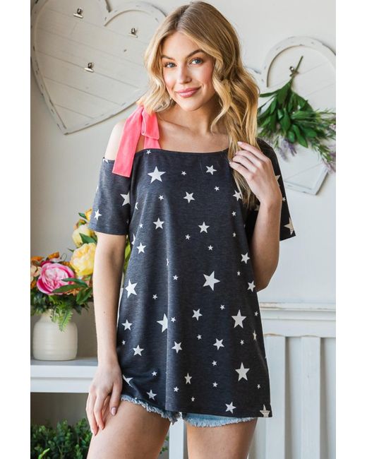 TRUEDAMES Pink Full Size Star Print Asymmetrical Neck Short Sleeve Top