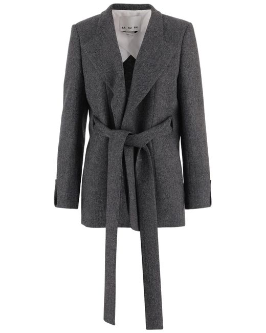 Sa Su Phi Gray Belted Herringbone Wool Jacket