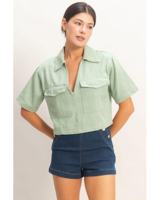 TRUEDAMES Green Collared V-Neck Top