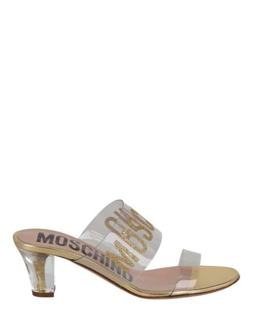Moschino White Glitter Logo Heel Sandals