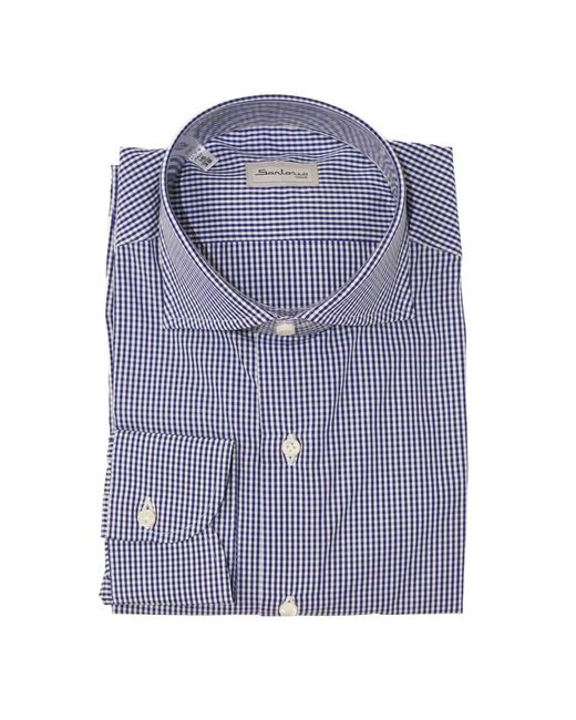 Sartorio Napoli Blue Micro Gingham Cotton Dress Shirt for men