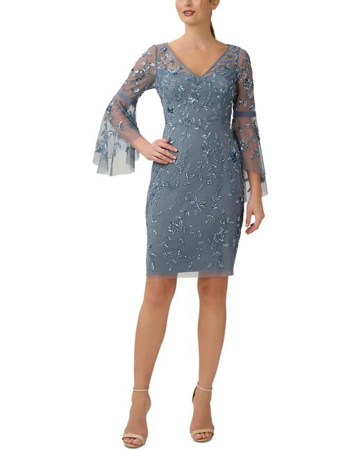 Adrianna Papell Blue Mesh Embellished Cocktail And Party Dress