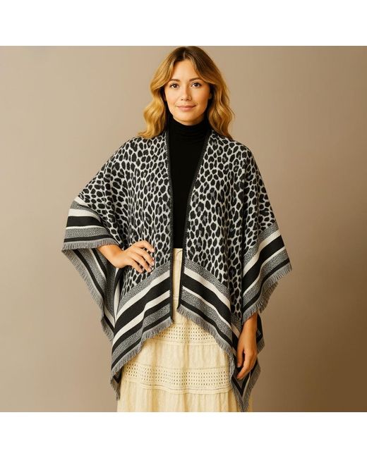 TRUEDAMES Black Leopard Pattern Print Ruana Poncho