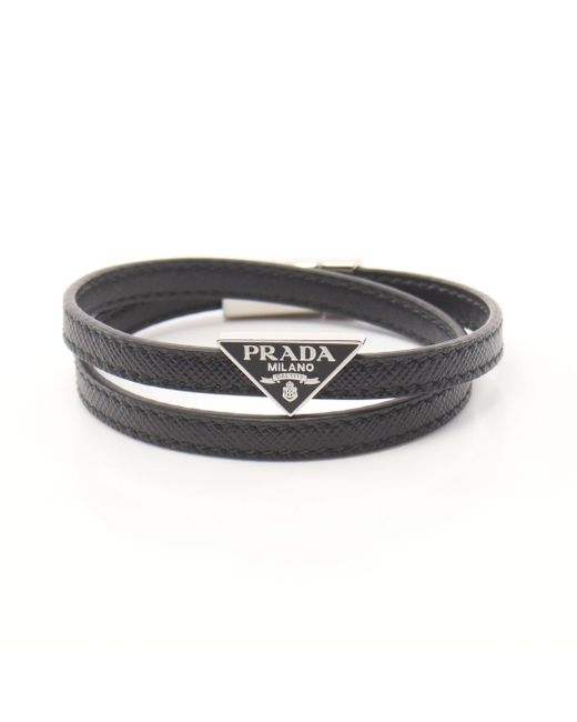 Prada Black Double Chain Bracelet Saffiano Leather Logo Plate