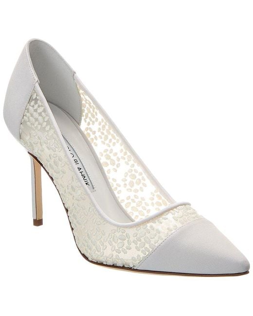 Manolo Blahnik White Capcour 90 Canvas & Lace Pump
