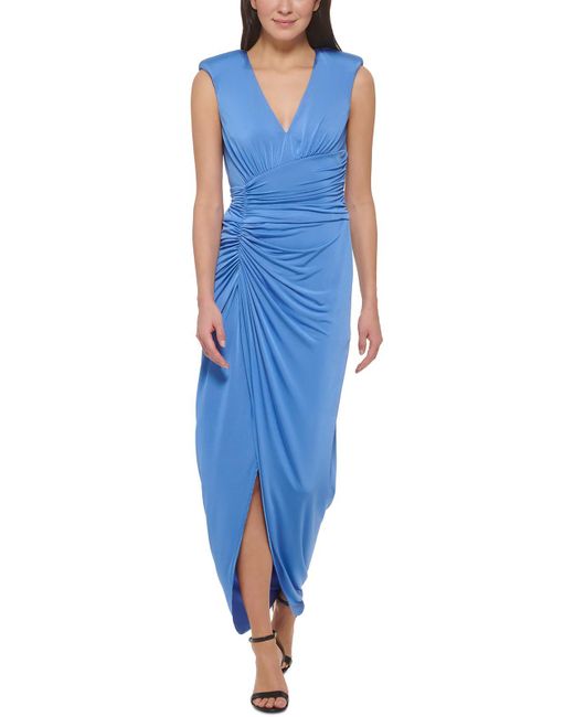 Vince Camuto Blue Gathered Polyester Evening Dress