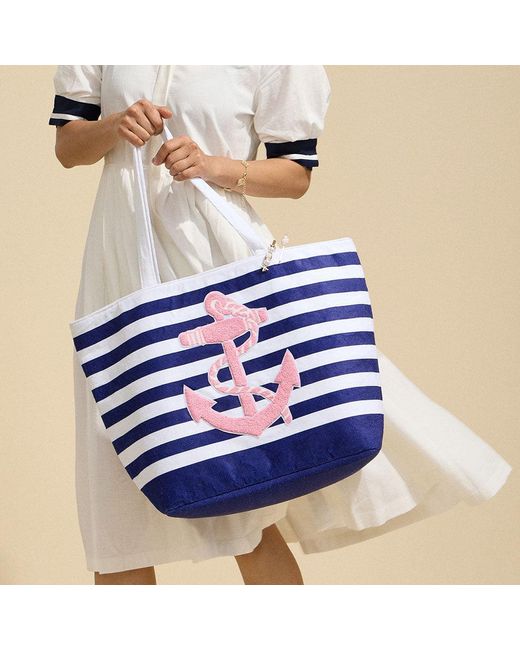 Fashnzfab Blue Anchor Striped Tote Bag