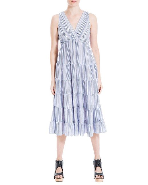 Max Studio Blue Yarn Dye V Neck Tiered Midi Dress