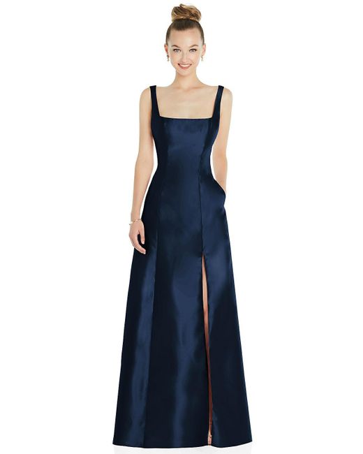 Alfred Sung Blue Sleeveless Square-neck Princess Line Gown With Pockets