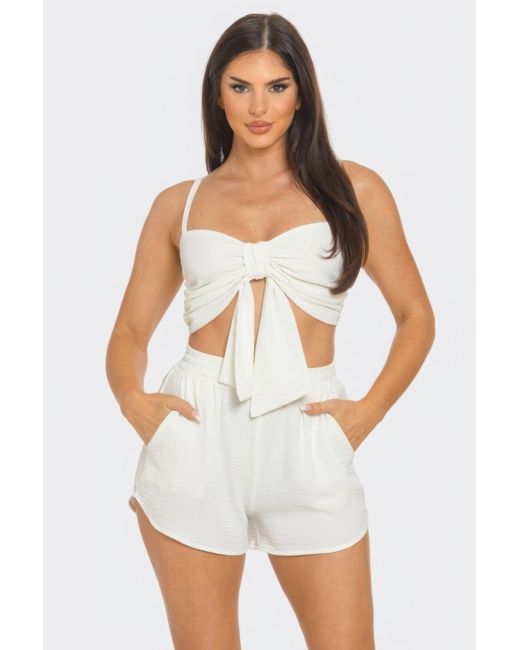 Fashnzfab White Front Oversized Bow Twisted Tie Top And Shorts Set