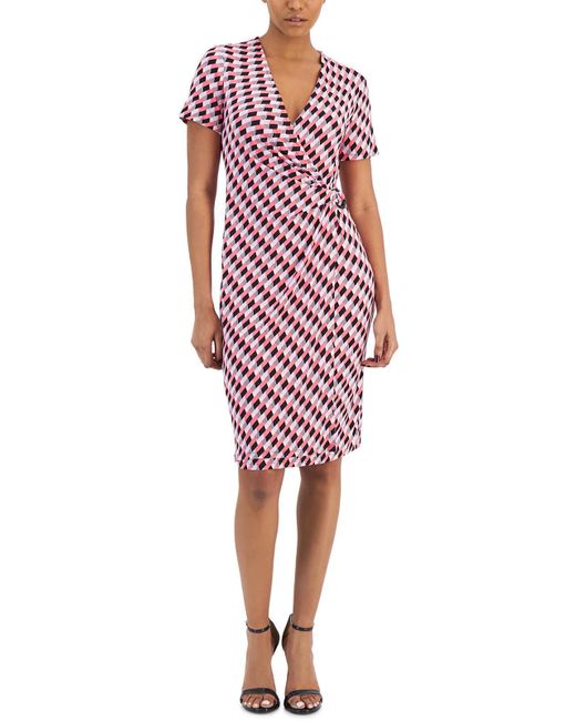Anne Klein Red Geometric Print Knee Length Wrap Dress