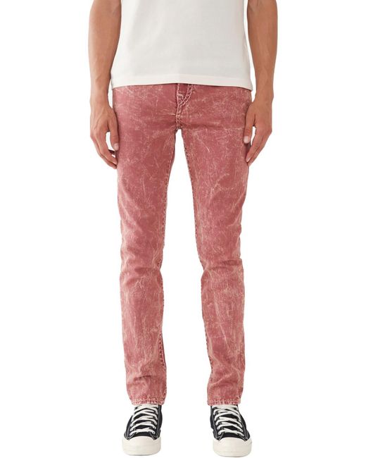 True Religion Red Relaxed Acid Wash Skinny Jeans for men
