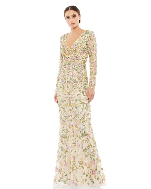 Mac Duggal Metallic Long Sleeve Floral Embellished Gown